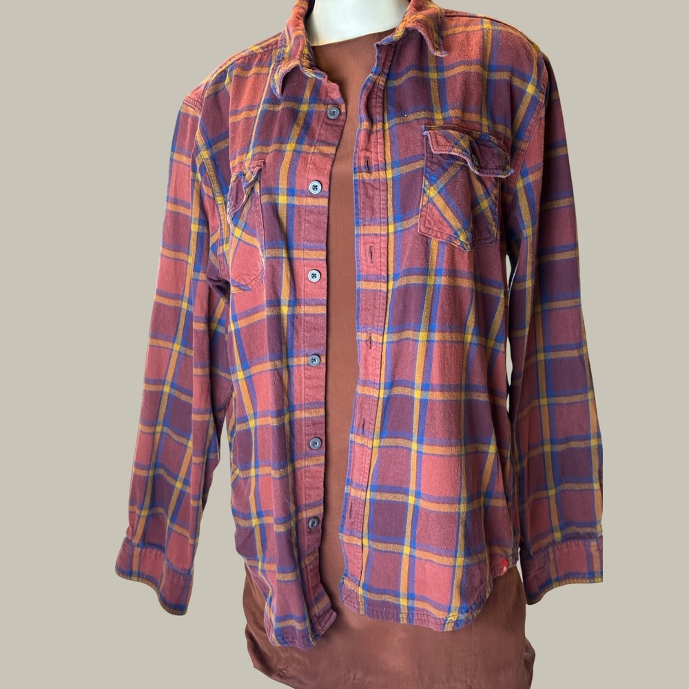 Eastern Mountain Sports EMS Mens Large Flannel Shirt Plaid Cotton Burgundy Blue